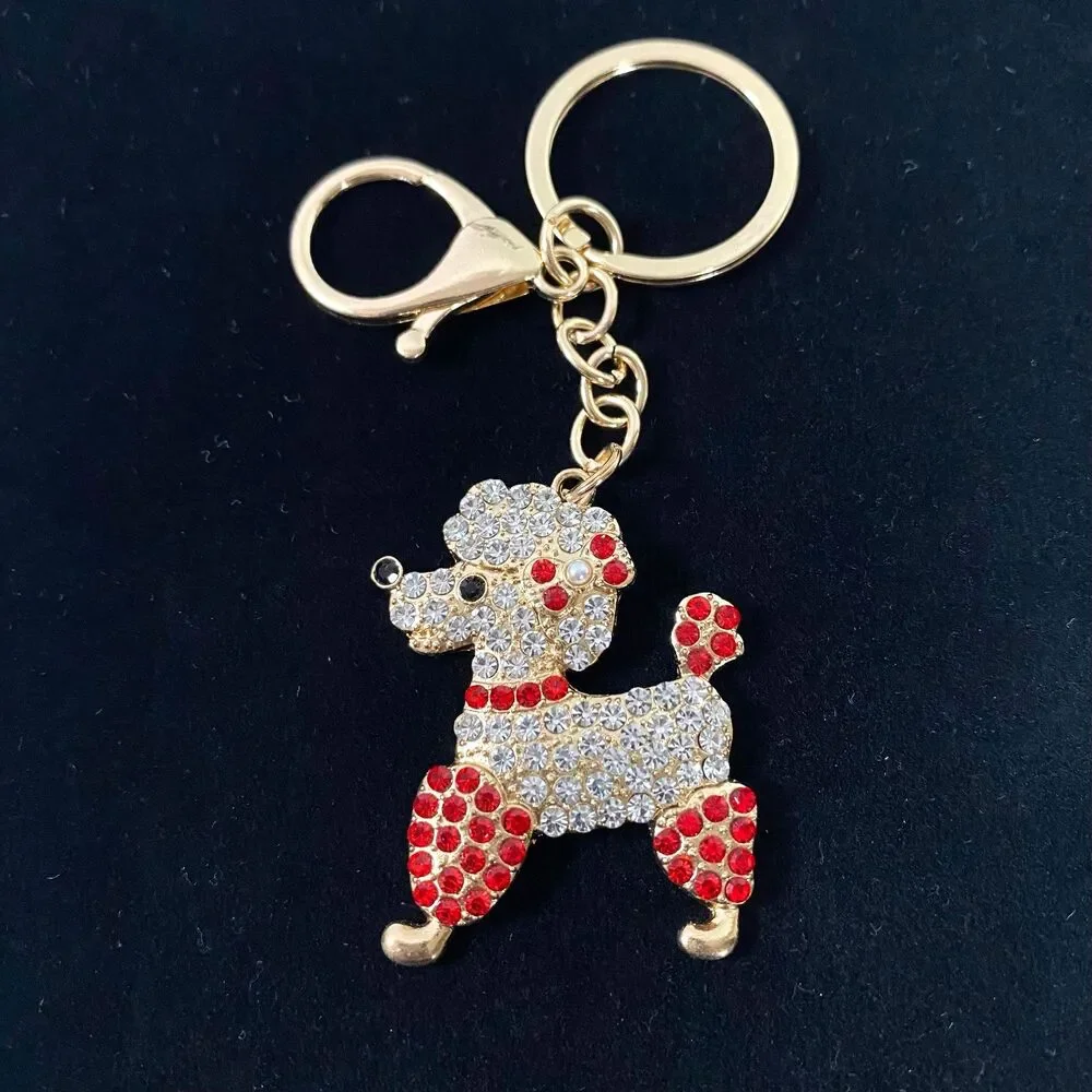 Poodle Rhinestone Charm Keychain Key Holder Multicolor Gold Tone Metal New